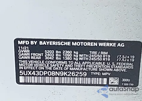 2022 BMW X3 Sdrive30I z USA, uszkodzony, nr VIN 5UX43DP08N9K26259
